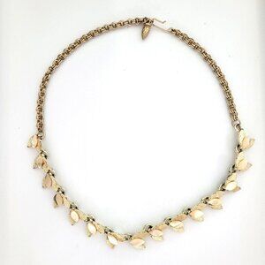 Vintage Gold-Tone Leaf Chain Necklace With Mother-Of-Pearl Accents